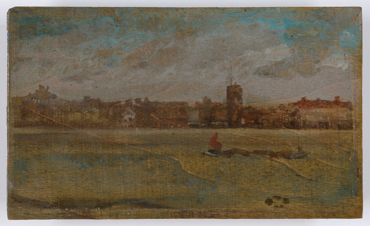 Harmony ruskean ja kullanvärinen: Chelsean vanha kirkko, luultavasti 1884 (öljy puupaneelille). tekijältä James Abbott McNeill Whistler
