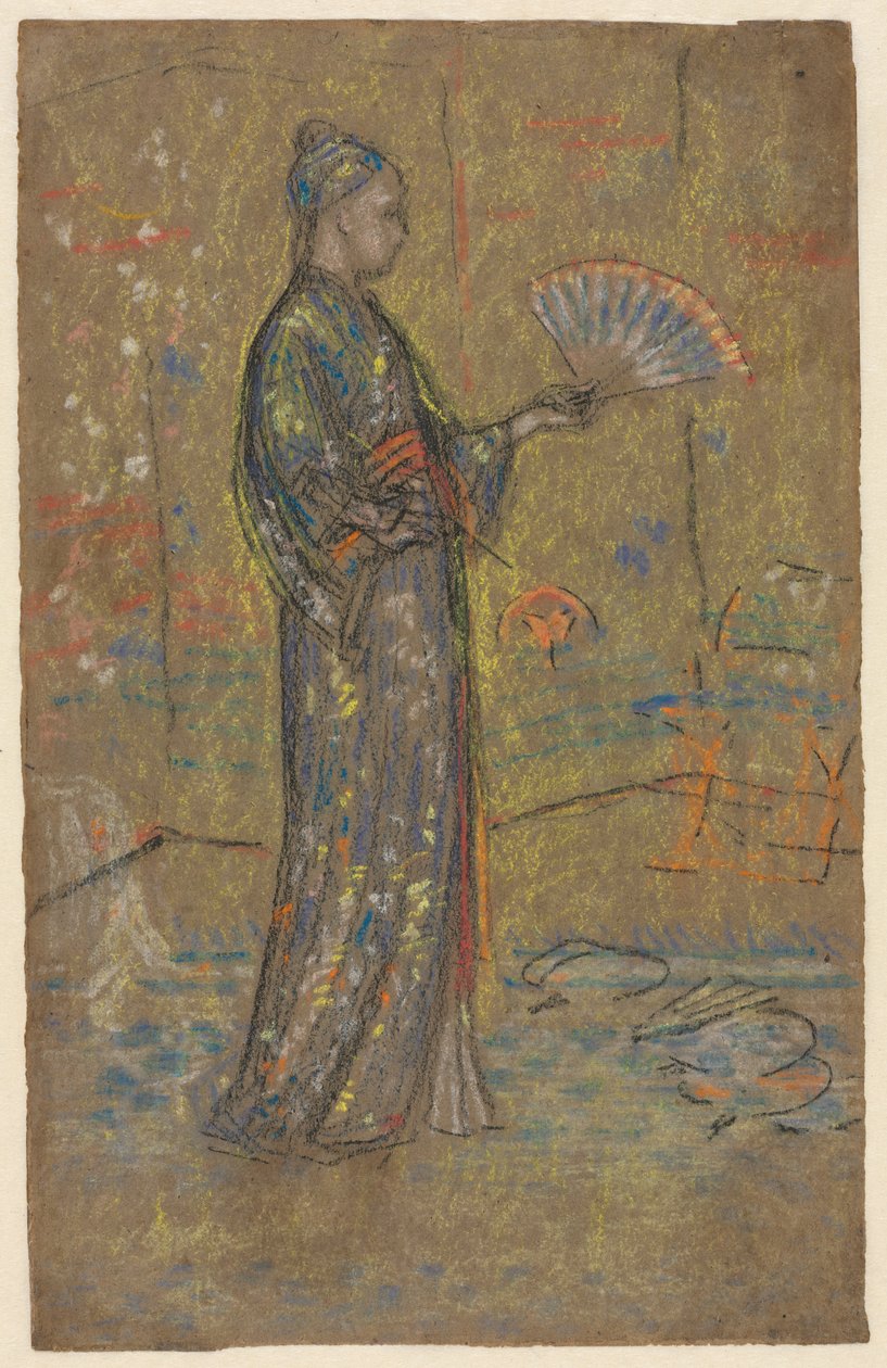 Japanilainen nainen maalaa tuulettimen recto, seisova nainen pitelee mekkoaan, n. 1872. tekijältä James Abbott McNeill Whistler