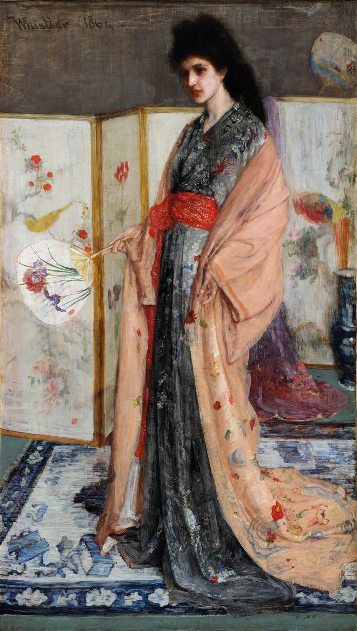 ""Posliinimaan prinsessa"" (Rose and Silver: Prinsessa posliinin maasta) Nuori nainen pukeutunut japanilaiseen tyyliin kimonoon, takanaan japanilainen valkokankaa (Japonisme) James Abbott McNeill Whistlerin maalaus ( 1834-1903) 1864 Vapaampi tekijältä James Abbott McNeill Whistler