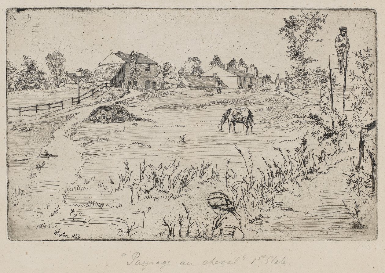 Maisema hevosen kanssa (Niitty) 1859 (etsaus paperille) tekijältä James Abbott McNeill Whistler