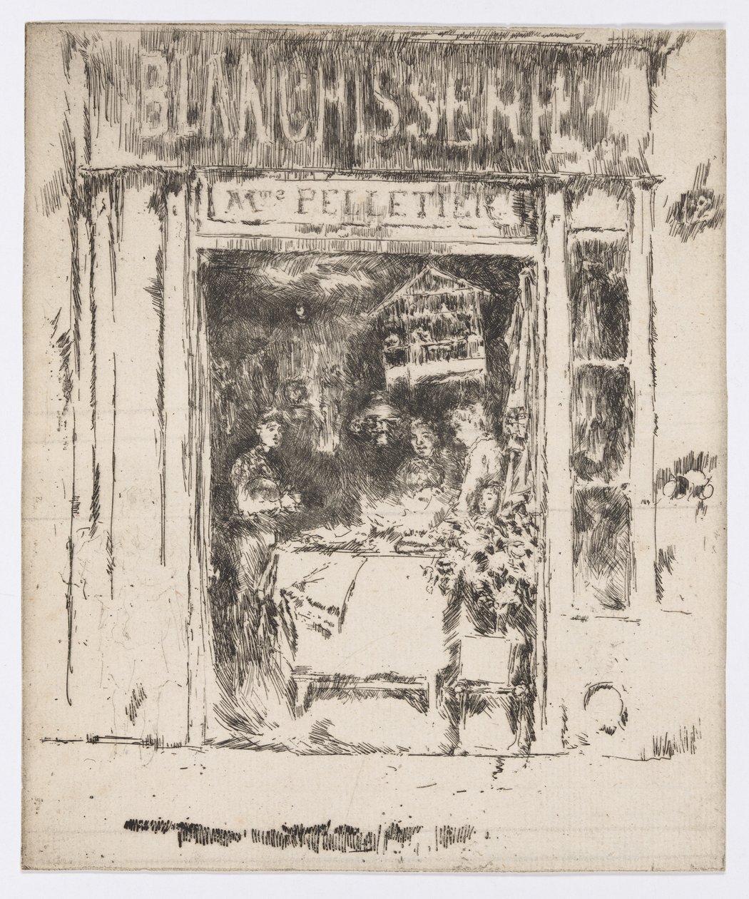 Mme Pelletier, Blanchisserie, Pariisi, noin 1892-93 (etsaus; tussi paperille). tekijältä James Abbott McNeill Whistler