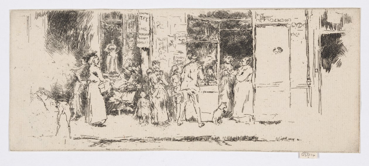Sanomalehtikioski, Rue de Seine, n.1892-93 (etsaus; tussi paperille). tekijältä James Abbott McNeill Whistler
