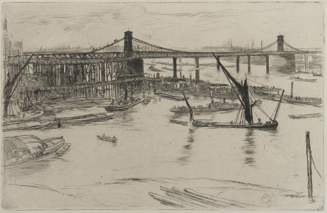 Old Hungerford Bridge, 1861 (etsaus paperille) tekijältä James Abbott McNeill Whistler