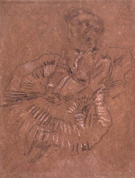 PD.67-1959 Istuva tyttö suuressa hameessa (Elinor Leylandin tutkimus) n. 1870-80 (mustavalkoinen liitu ruskealla paperilla) tekijältä James Abbott McNeill Whistler