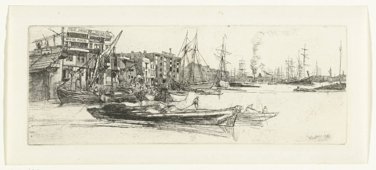 Pakhuizen aan de Theems Thamesin varastot Kuusitoista etsausta Thames-joesta ja muista aiheista (sarjan nimi) tekijältä James Abbott McNeill Whistler