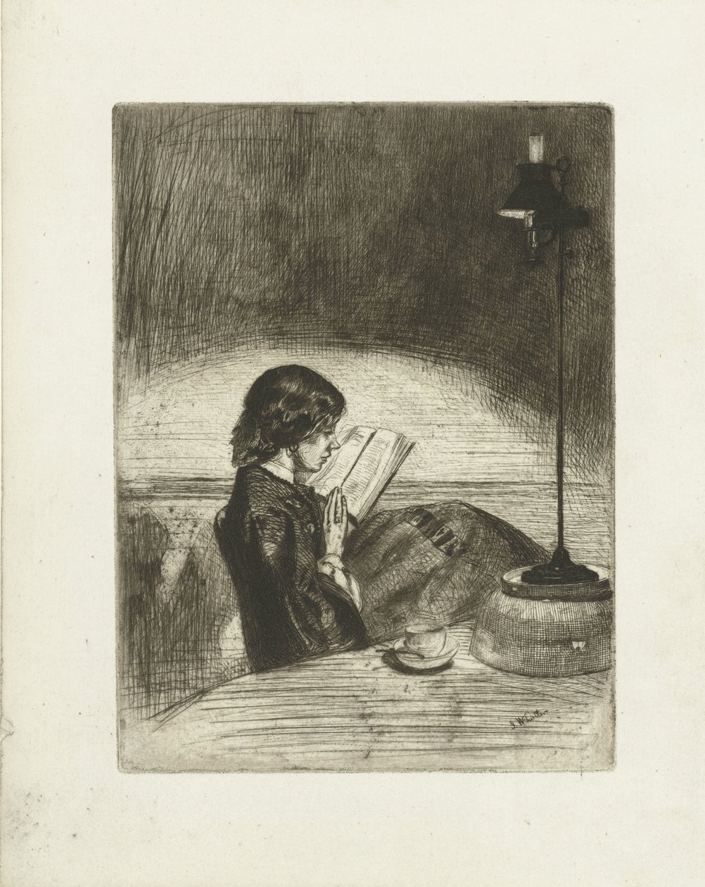 Muotokuva Deborah Delanosta lukemassa Lukeminen lampun valossa tekijältä James Abbott McNeill Whistler