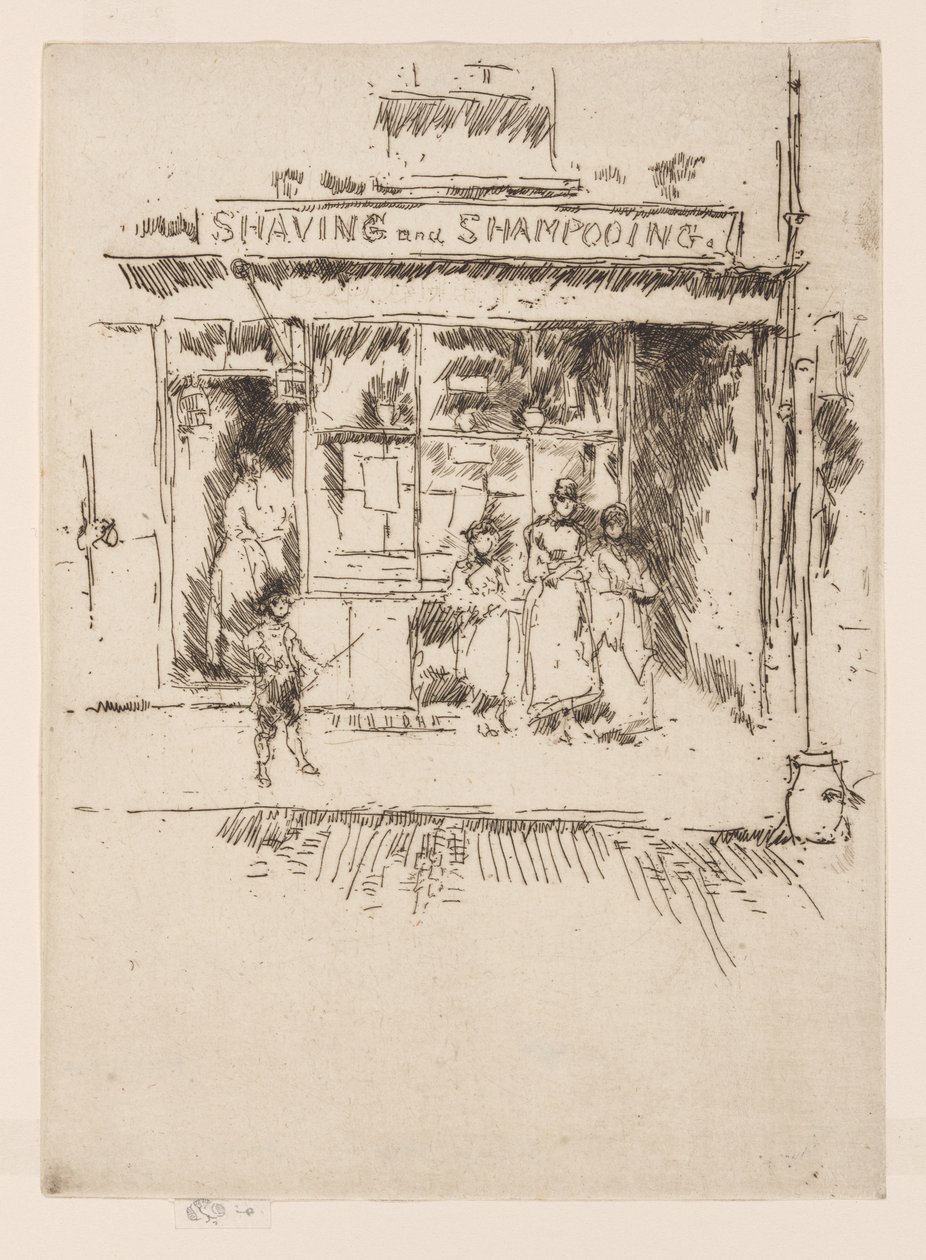 Parranajo ja shampoopesu, n.1886-88 (etsaus; tussi paperille) tekijältä James Abbott McNeill Whistler