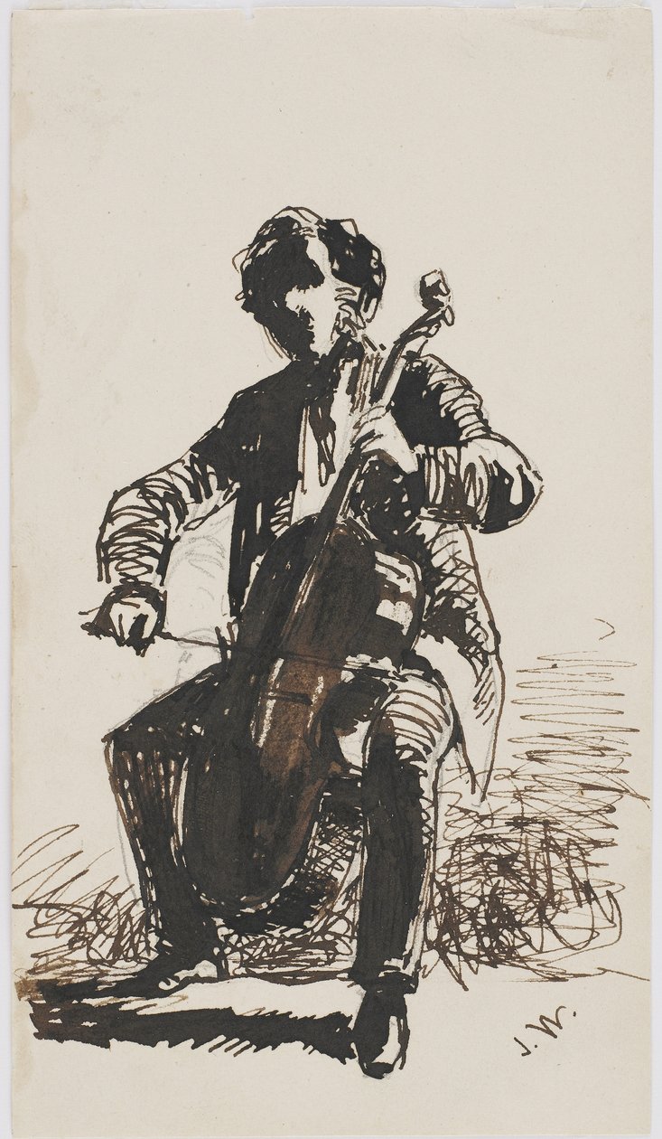 Sir Seymour Haden soittaa selloa, n. 1855 (kynä, kynä ja muste beigelle paperille) tekijältä James Abbott McNeill Whistler