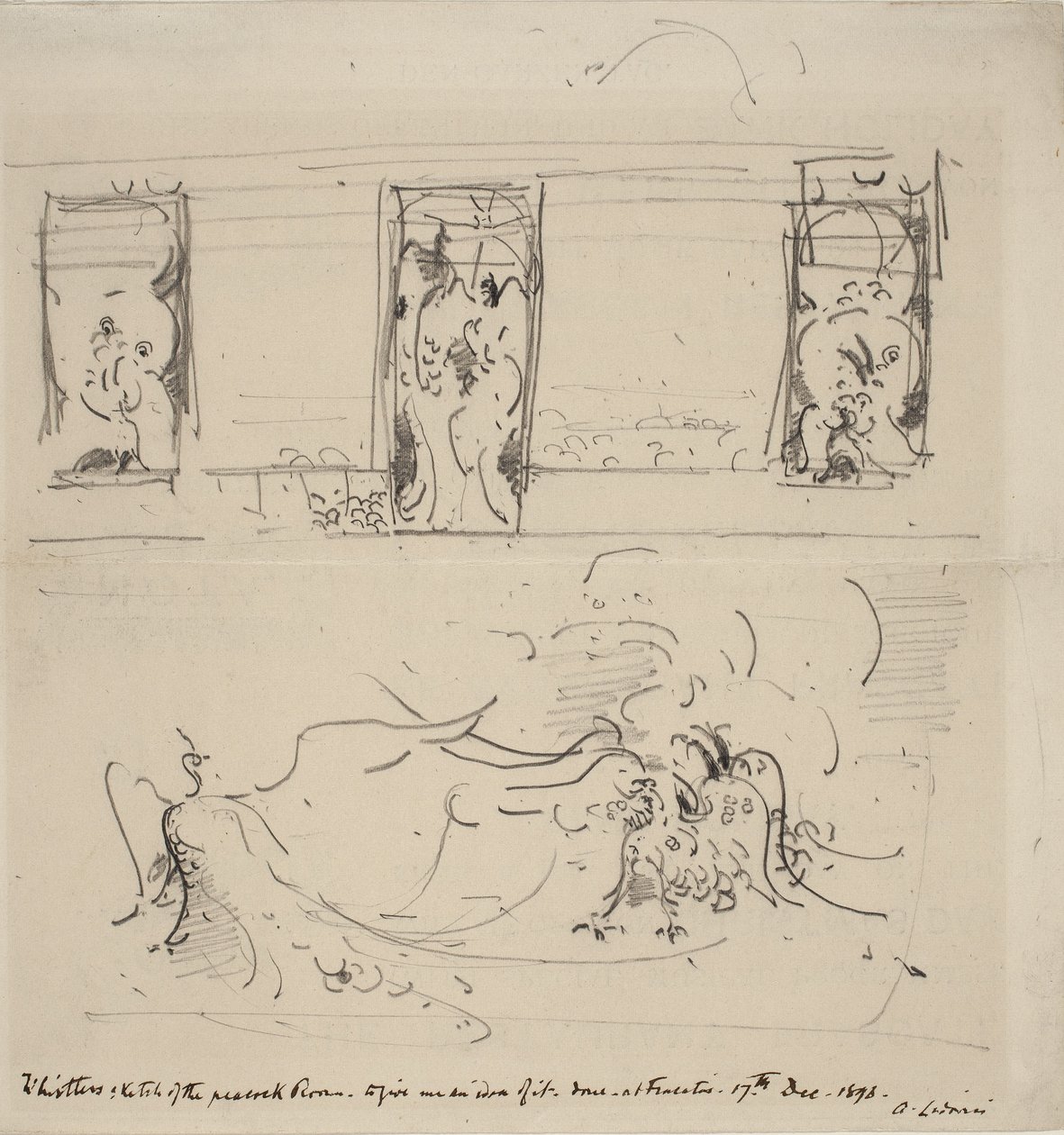 Piirros riikinkukkohuoneesta, 1898 tekijältä James Abbott McNeill Whistler