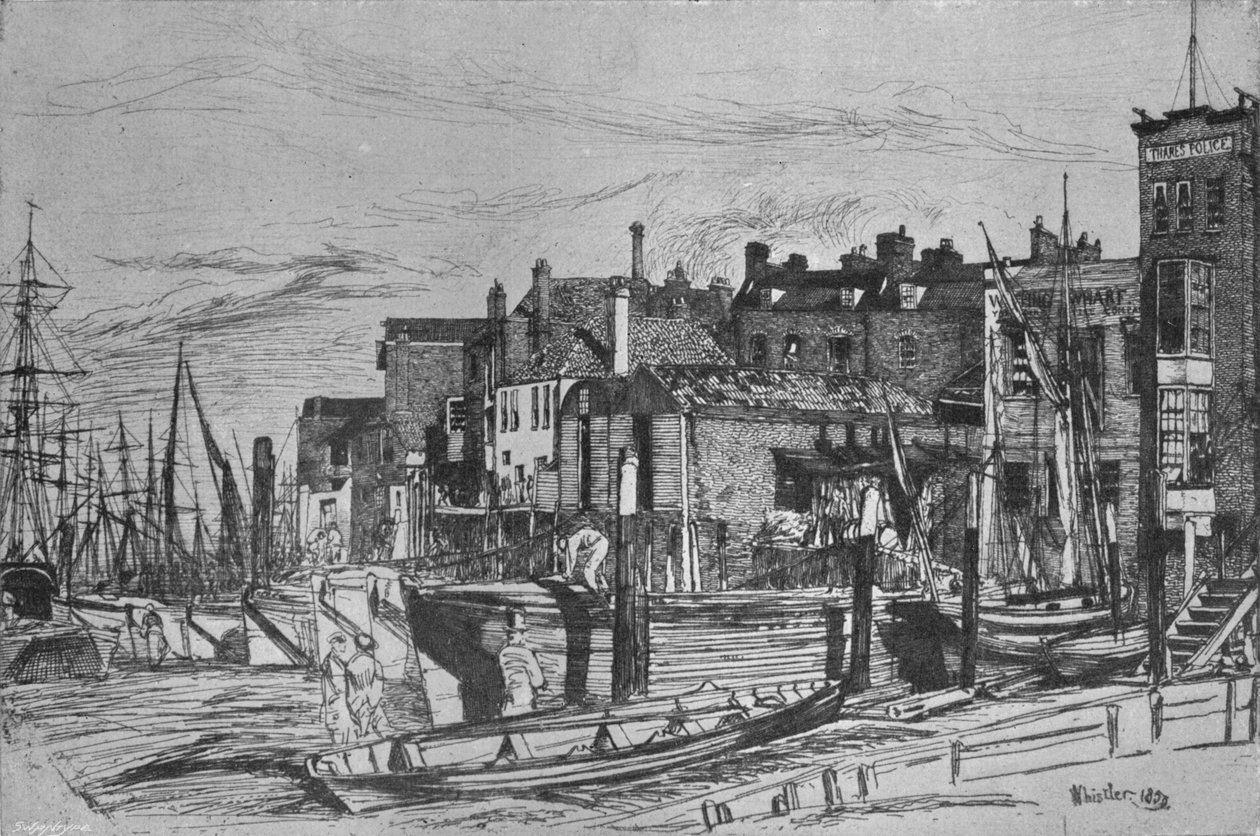 Thamesin poliisi, aiemmin nimeltään Wapping Wharf, 1859, 1903 tekijältä James Abbott McNeill Whistler