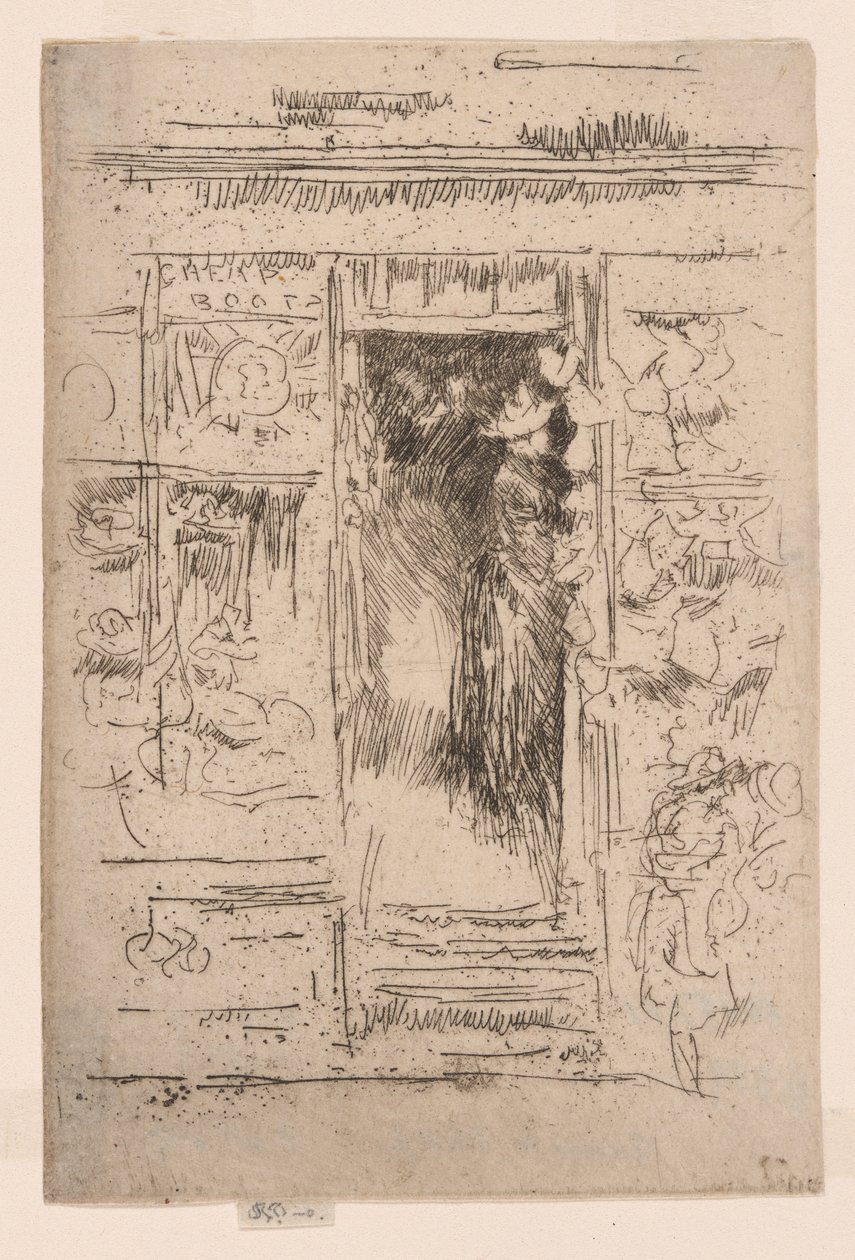The Bonnet-Shop, noin 1884-86 (etsaus; tussi paperille). tekijältä James Abbott McNeill Whistler