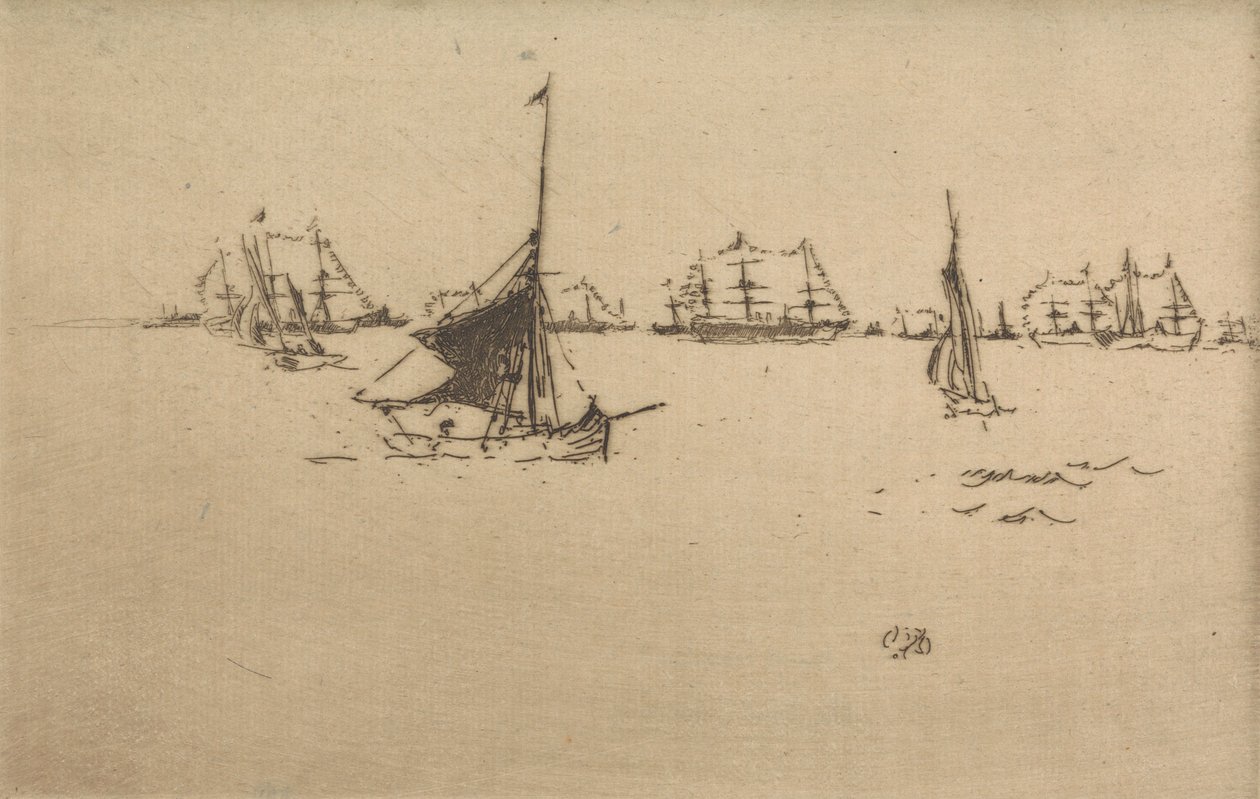 The Fleet: Evening, 12 etsauksen sarjasta The Naval Review, 1887 tekijältä James Abbott McNeill Whistler