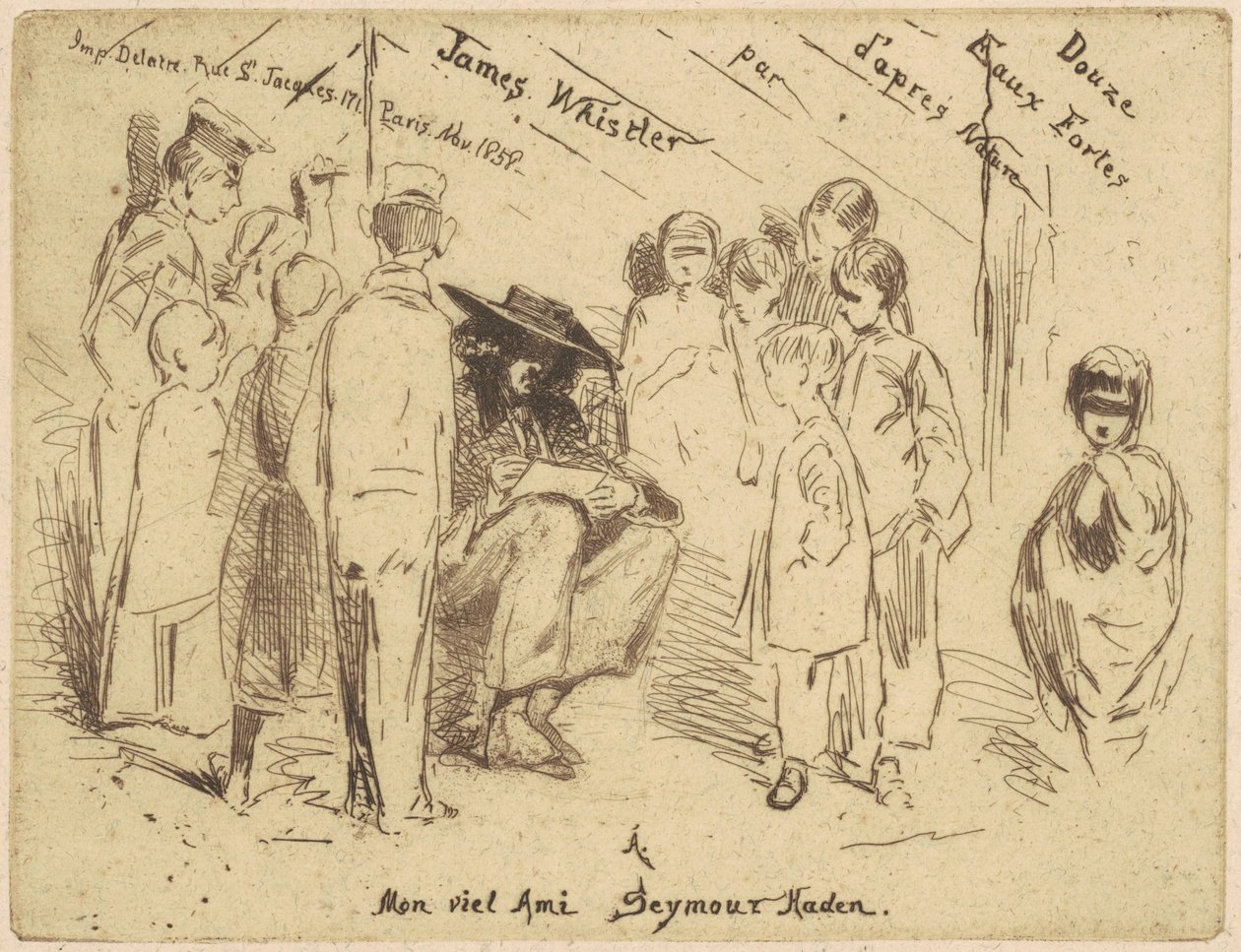 Douze Eaux Fortesin otsikkosivu luonnosta, 1858. tekijältä James Abbott McNeill Whistler