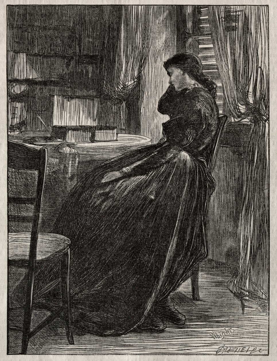 Oikeudenkäyntisaarna: Joanna Douglas pöytänsä ääressä, 1862. tekijältä James Abbott McNeill Whistler