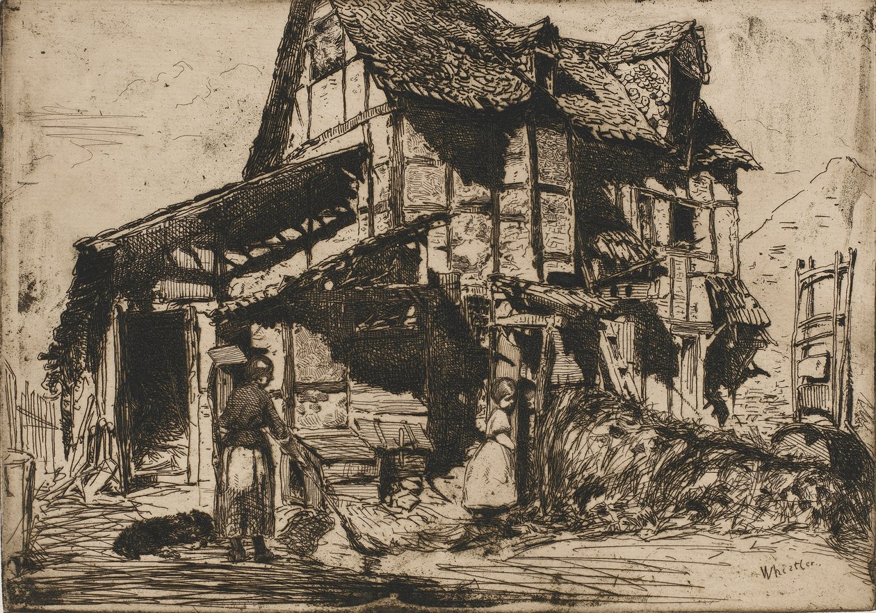 Turvaton asunto. Yksi luonnon kahdestatoista etsauksesta. Ranskalainen sarja, 1858. tekijältä James Abbott McNeill Whistler