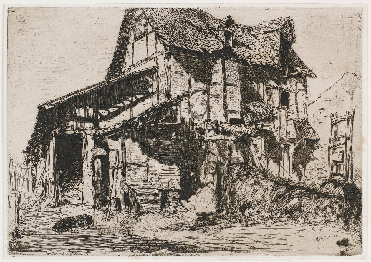 Turvaton asunto. Yksi luonnon kahdestatoista etsauksesta Ranskalainen sarja, 1858. tekijältä James Abbott McNeill Whistler