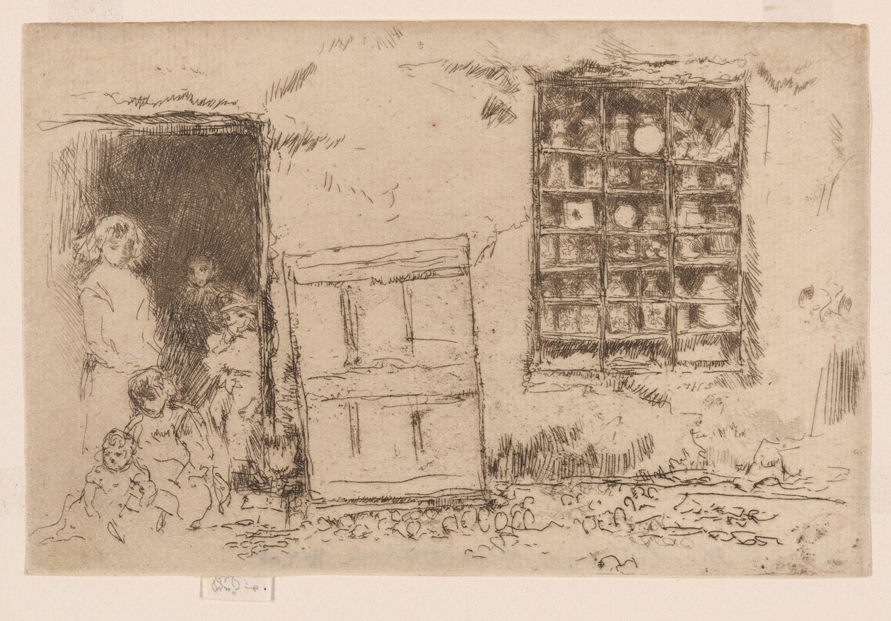 Kylän makeiskauppa, n.1884-86 (etsaus; tussi paperille) tekijältä James Abbott McNeill Whistler