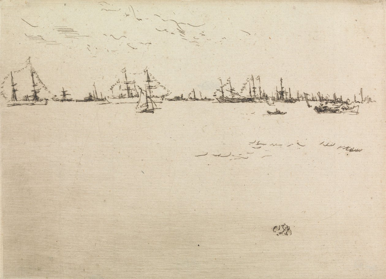 Joukkolaivat, kahdentoista etsauksen sarjasta The Naval Review, 1887 tekijältä James Abbott McNeill Whistler