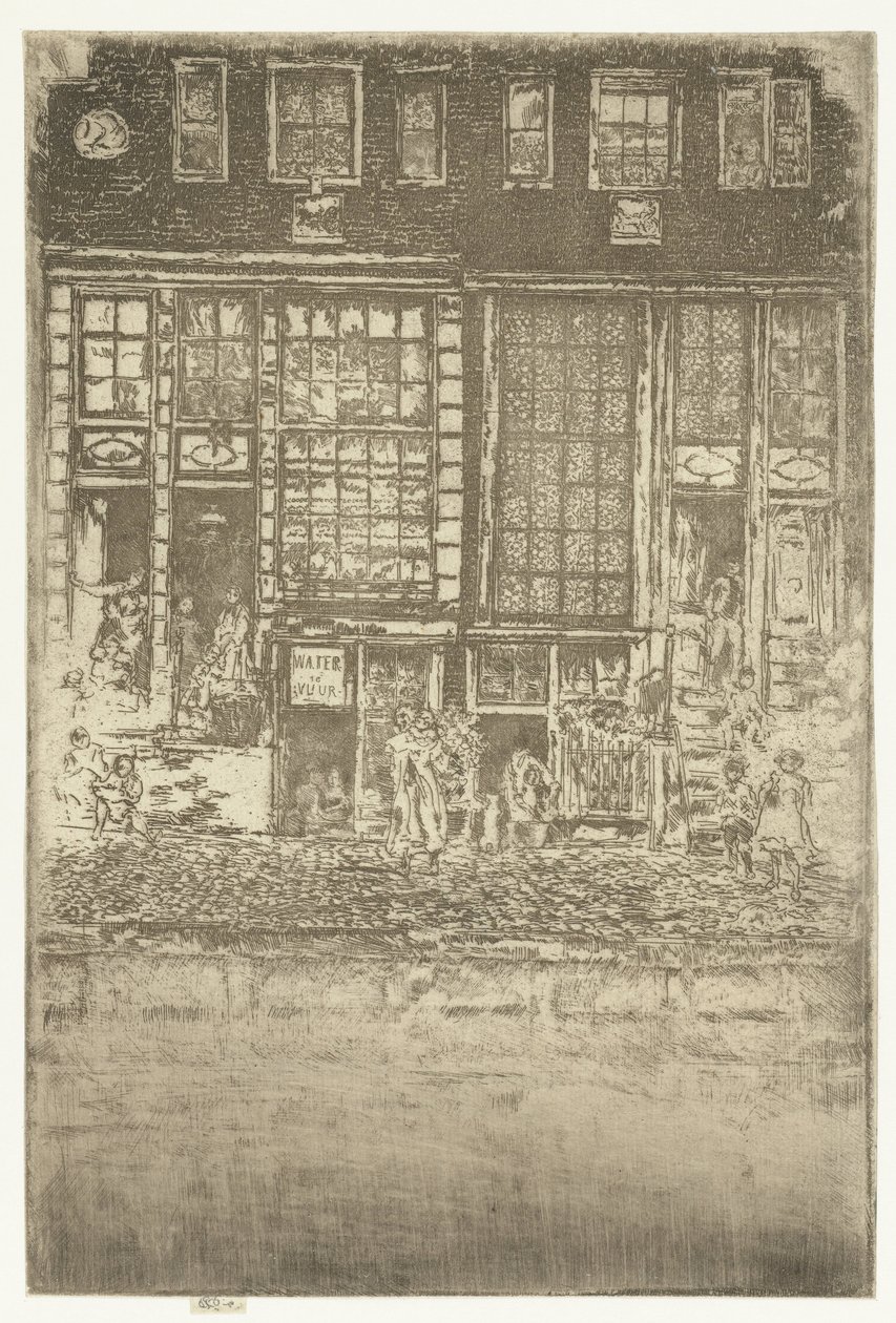 Kaksi kanavataloa Amsterdamissa Brodeerattu verho tekijältä James Abbott McNeill Whistler