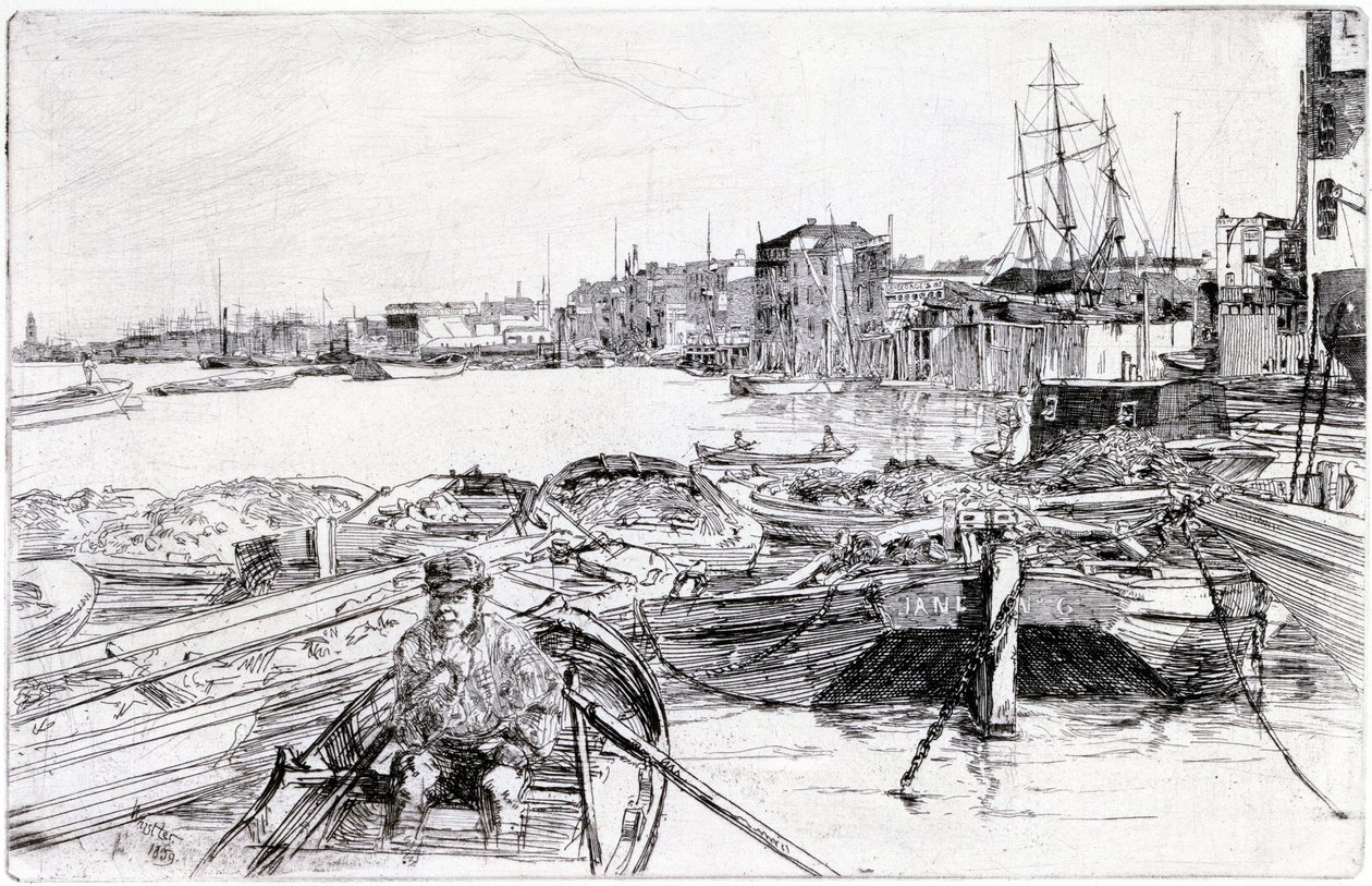 Näkymä Thamesista Lontoon altaan yllä (Englanti) vuonna 1859 kuuluu Thamesia käsittelevään kaiverrussarjaan, jossa korostetaan Englannin pääkaupungin merityöläisten yhteisöä. tekijältä James Abbott McNeill Whistler