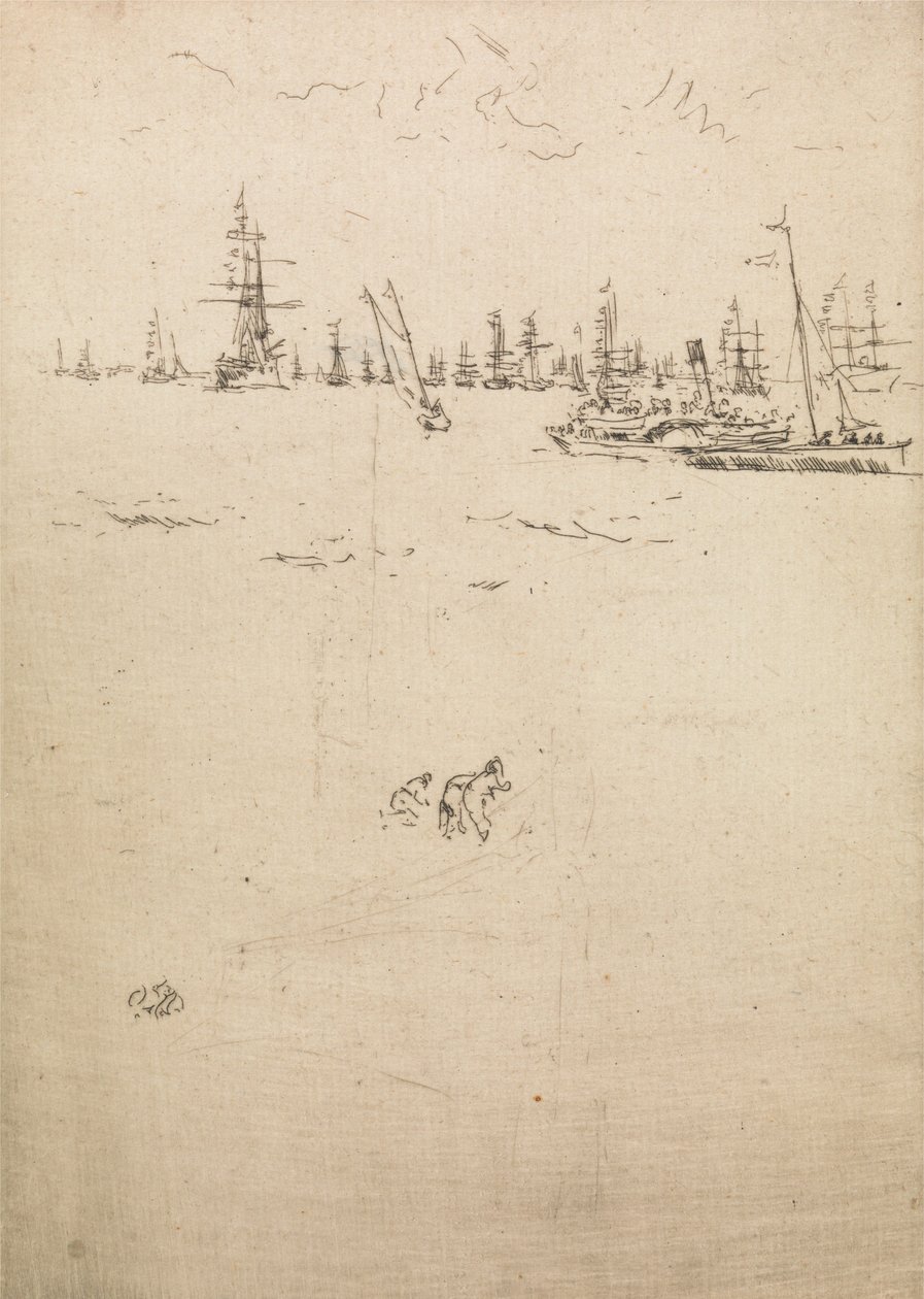 Vierailijavene, kahdentoista etsauksen sarjasta The Naval Review, 1887 tekijältä James Abbott McNeill Whistler