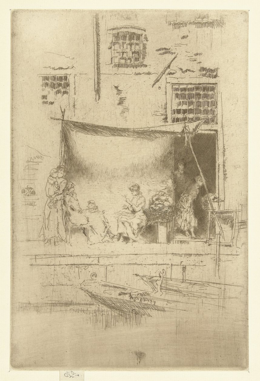 Naiset aurinkovarjon alla laiturilla Hedelmäkioski Kahdenkymmenenkuuden etsauksen sarja (sarjan nimi) tekijältä James Abbott McNeill Whistler