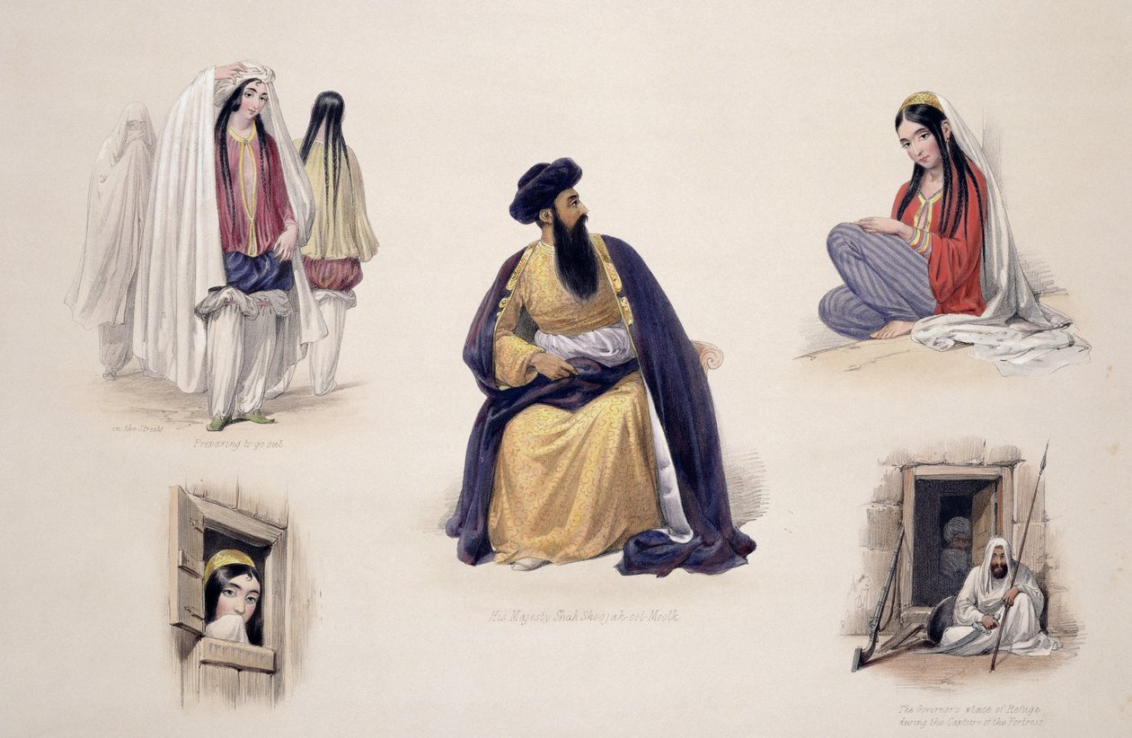 Muotokuva Hänen Majesteettinsa Shah-Sooja-Ool-Moolkista (1780-1842), "Sketches in Afghanistan", kaiverrettu Charles Haghe (1810-88) ja Louis Haghe (1806-85), julkaissut Henry Graves, 1842 ( väri valaistu tekijältä James Atkinson