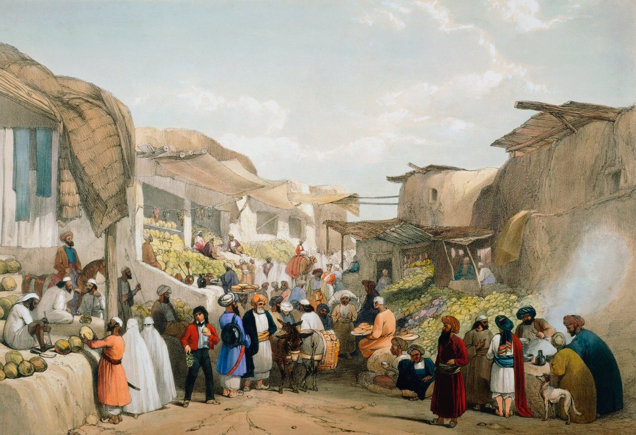 Kabulin basaari hedelmäkauden aikana, ensimmäinen englantilais-afganistanilainen sota, 1838-1842 tekijältä James Atkinson