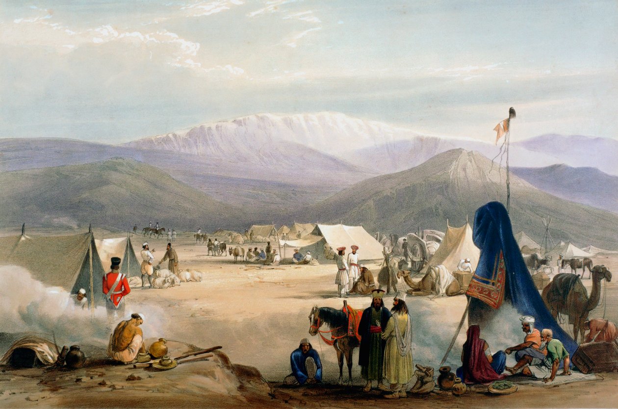 Brittiarmeijan leiri Dadurissa Bolanin solan sisäänkäynnillä, ensimmäinen englantilais-afganistanilainen sota, 1838-1842 tekijältä James Atkinson