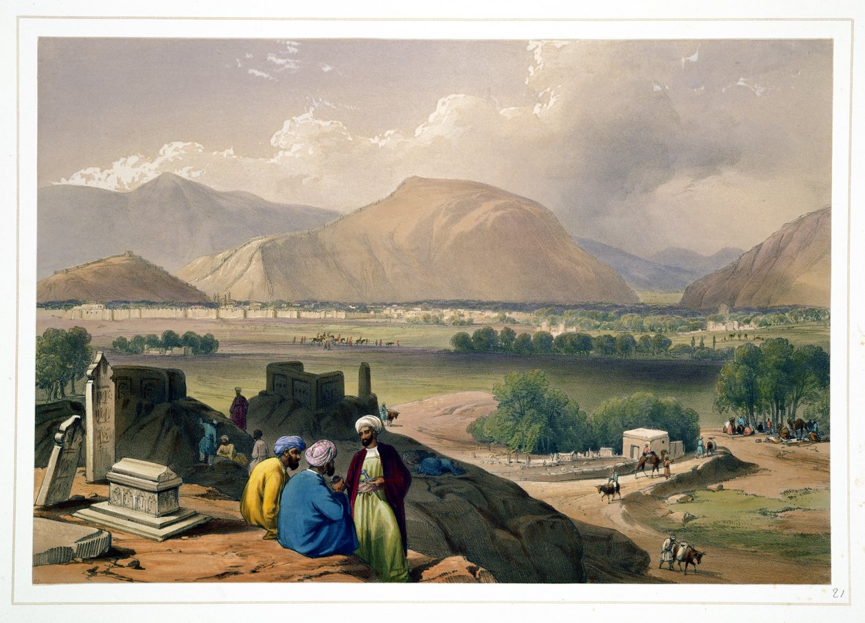 Caubul, hautausmaalta Mountain Ridgellä, kaupungin koillisosassa, "Sketches in Afghaunistan", kaiverrus Charles Haghe (1810-88) ja Louis Haghe (1806-85), julkaisija Henry Graves, 1 tekijältä James Atkinson