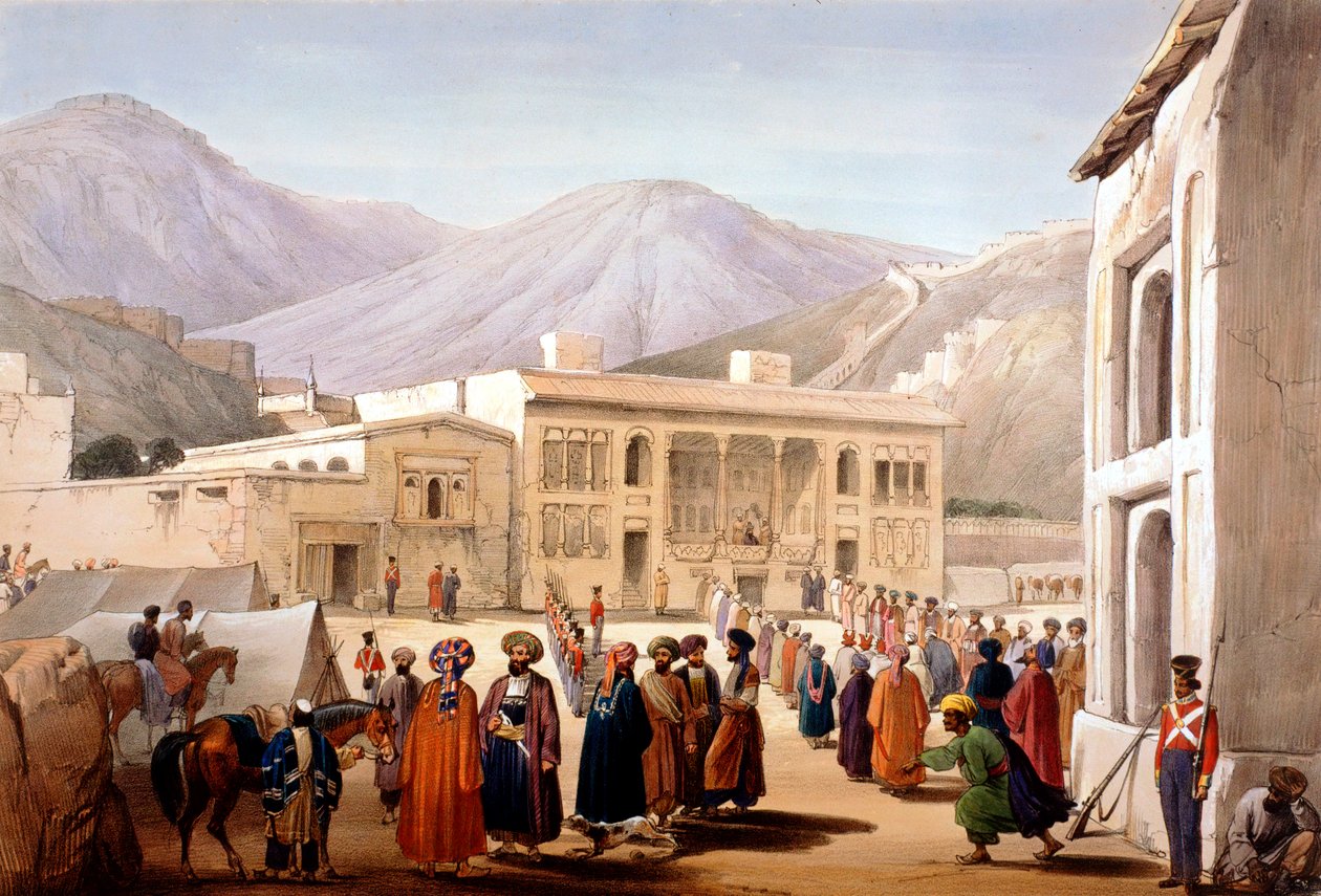 Shah Shoja, brittiläinen nukke, pitelee durbaria Kabulissa, ensimmäinen englantilais-afganistanilainen sota, 1838-1842 tekijältä James Atkinson
