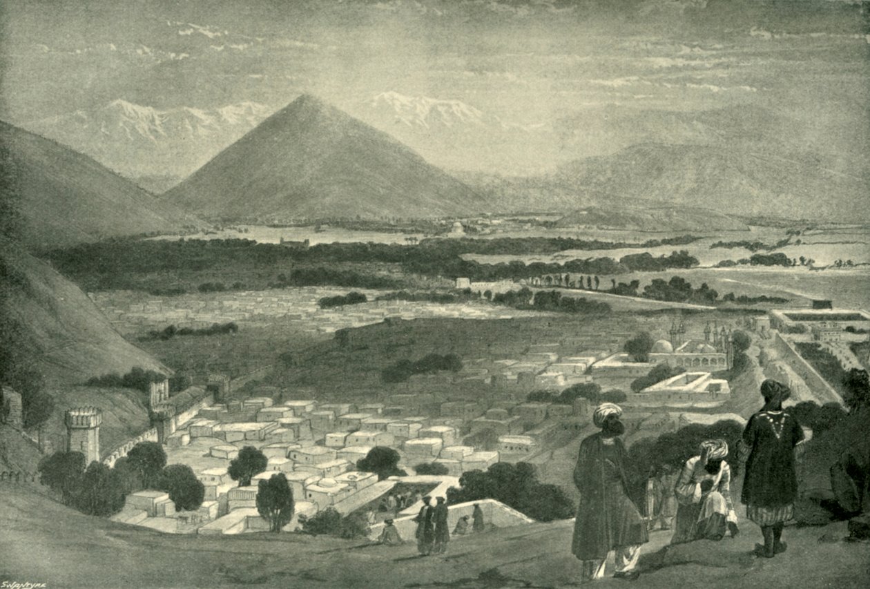 Bala Hissar ja Kabulin kaupunki linnoituksen yläosasta, n. 1842, 1901. tekijältä James Atkinson