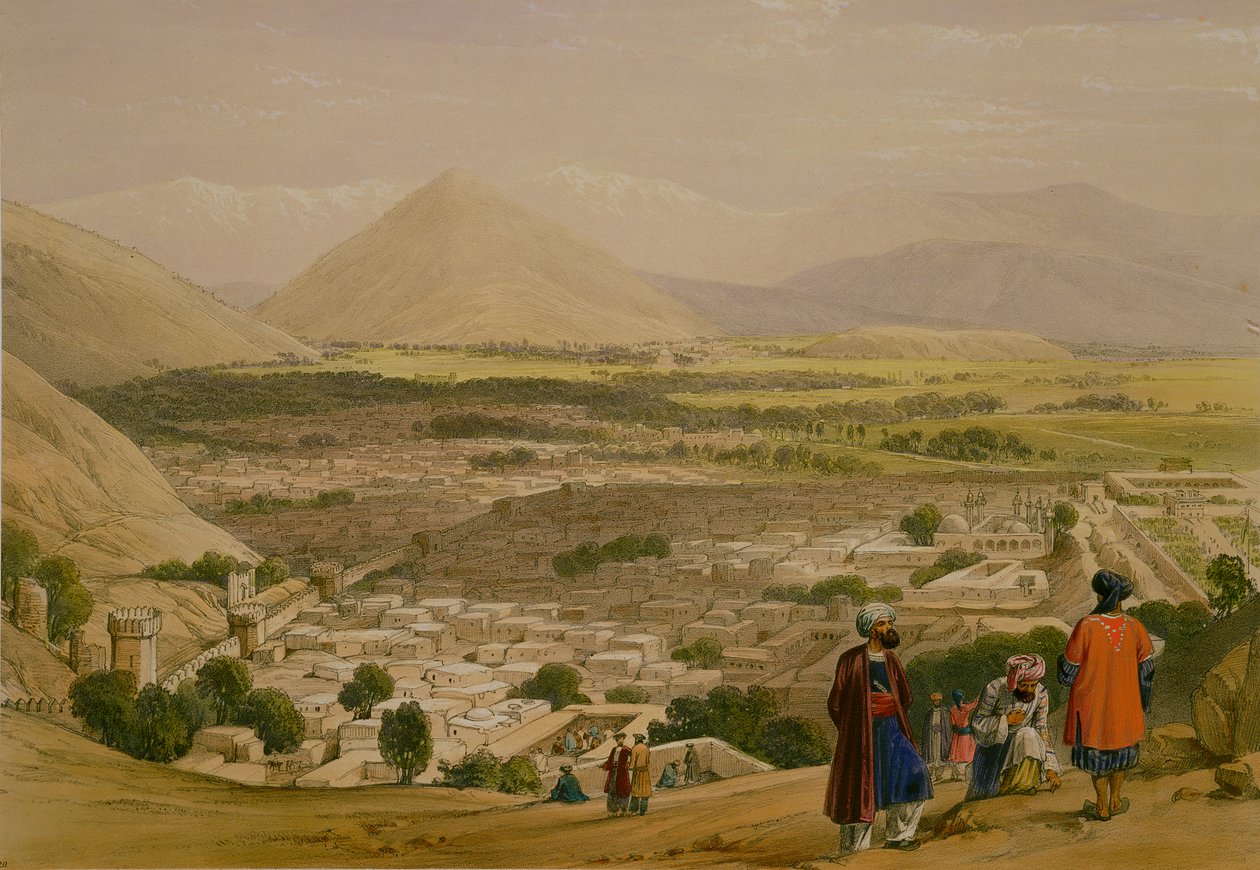 Balla Hissar ja Caubulin kaupunki, linnoituksen yläosasta, "Sketches in Afghaunistan", kaiverrus Charles Haghe (1810-88) ja Louis Haghe (1806-85), julkaisija Henry Graves, 1842 tekijältä James Atkinson