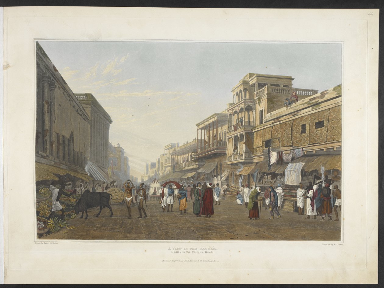 Näkymä basaarissa, joka johtaa Chitpore Roadille, "Näkymät Kalkuttaan ja sen ympäristöstä" 1826 (käsinvärinen akvatinta) tekijältä James Baillie (after) Fraser