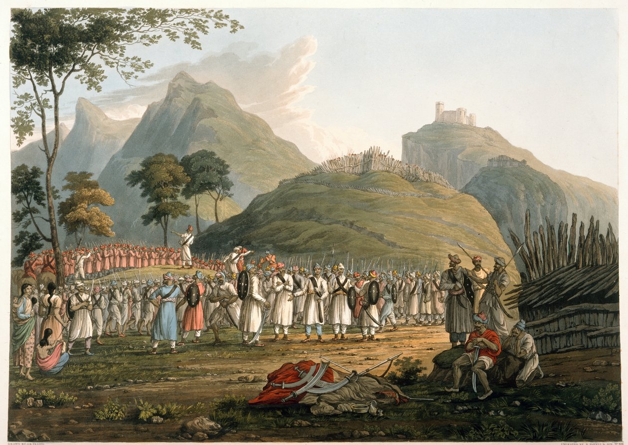 Gurkhasien kokoonpano, teoksesta "Näkymät Himala-vuorille", kaiverrus Robert Havell & Son, julkaistu vuonna 1820 (värillinen kaiverrus) tekijältä James Baillie (after) Fraser
