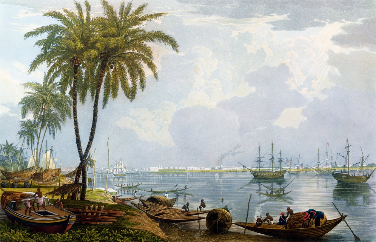 Näkymä Kalkuttaan, Kidderporea vastapäätä olevasta pisteestä, 1837, kaiverrus Robert Havell Nuorempi (1793-1878) (akvatinta) tekijältä James Baillie Fraser