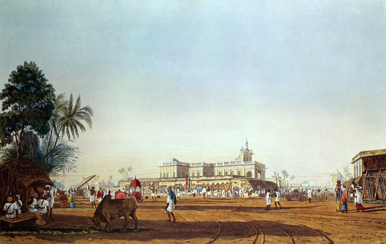 Lall Bazaar ja portugalilainen kappeli, Kalkutta, kaiverrus Robert Havell, pubi. 1824 tekijältä James Baillie Fraser
