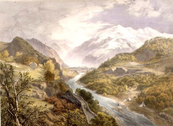 Derwent-joki ja Borrowdale, Englannin järvialueesta tekijältä James Baker (after) Pyne