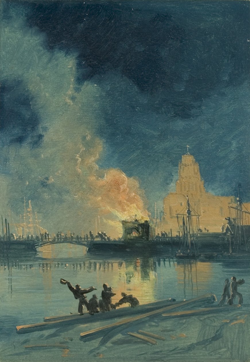 Bristol Riots: Burning Toll House on Prince Street Bridge, n.1832 (öljy paperille) tekijältä James Baker Pyne