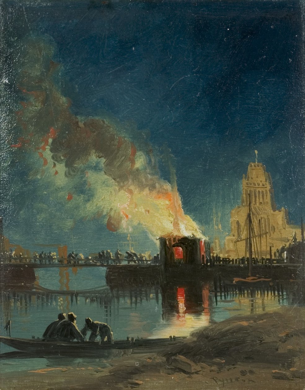 Bristol Riots: The Burning of the Toll Houses, Prince Street Bridge, n. 1831 (öljy paperille) tekijältä James Baker Pyne