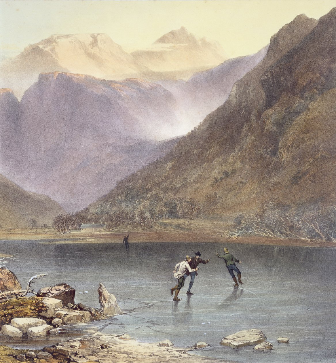 Brothers Water, yksityiskohta luistelijoita, kuvasta The English Lake District, 1853, litografia yksityiskohta 90428:sta tekijältä James Baker Pyne