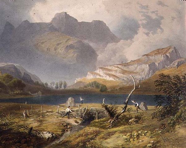 Langdale Pikes, yksityiskohta tarnista, "The English Lake District", 1853 tekijältä James Baker Pyne