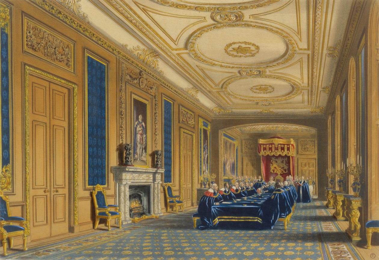 Throne Room, Windsorin linna - Sukkanauhan ritarikunnan asennus, 1838 tekijältä James Baker after Pyne