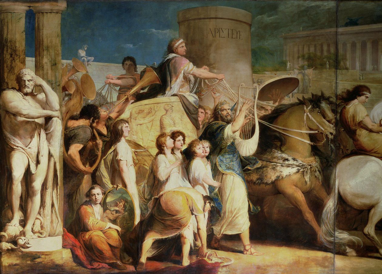 Crowning the Victors at Olympia, kolmas sarjassa "The Progress of Human Culture and Knowledge", yksityiskohta vaununkuljettajasta, Syrakusan Hierosta ja voittajista, n. 1777-84 tekijältä James Barry