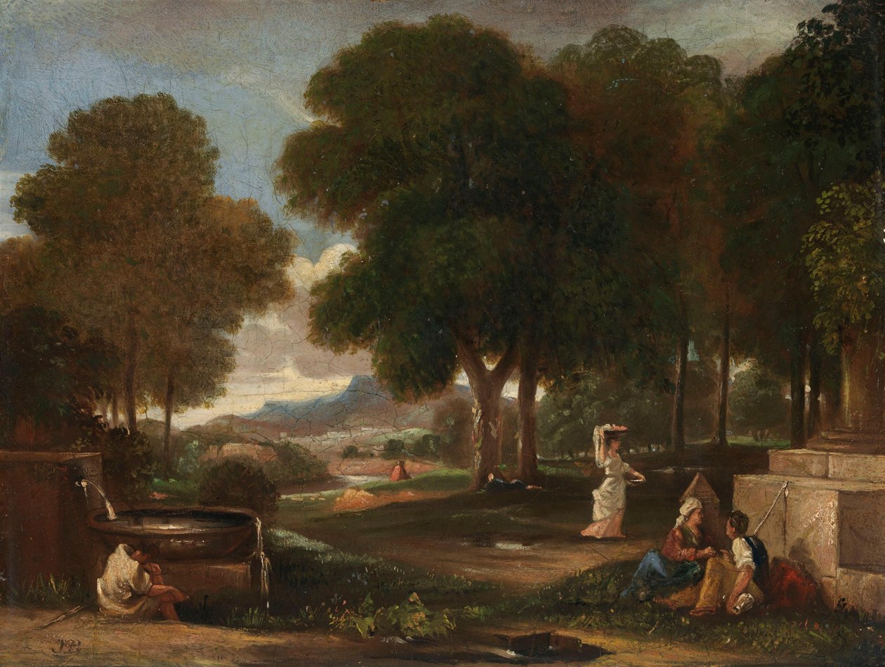 Landschaft mit einem Mann, der seine Füße an einem Brunnen wäscht tekijältä James Barry