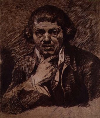 Omakuva, n. 1800 (sivellin ja bistre paperilla) tekijältä James Barry