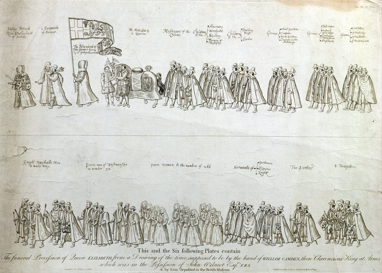 Kuningatar Elisabet I:n hautajaiskulkue aikalaispiirroksesta, jonka oletetaan olevan Clarencieuxin kuninkaallisen aseveli William Camdenin käsialaa, kaiverrettu James Basiren (1730-1802) toimesta, pub. 1791 (kaiverrus) tekijältä James Basire