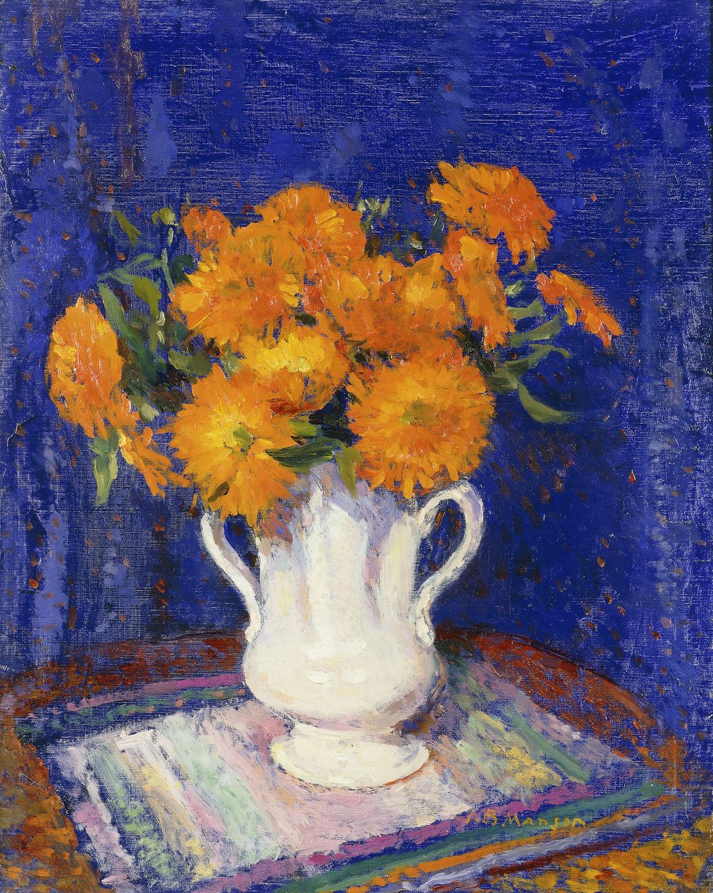Marigolds valkoisessa maljakossa tekijältä James Bolivar Manson