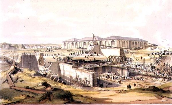 Kiinteän konehuoneen rakentaminen, Camden Town, 28. huhtikuuta 1837, taiteilijan kaiverrus tekijältä James Bourne