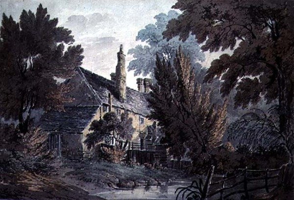 Maisema taloineen lammen rannalla, 1800-luku tekijältä James Bourne